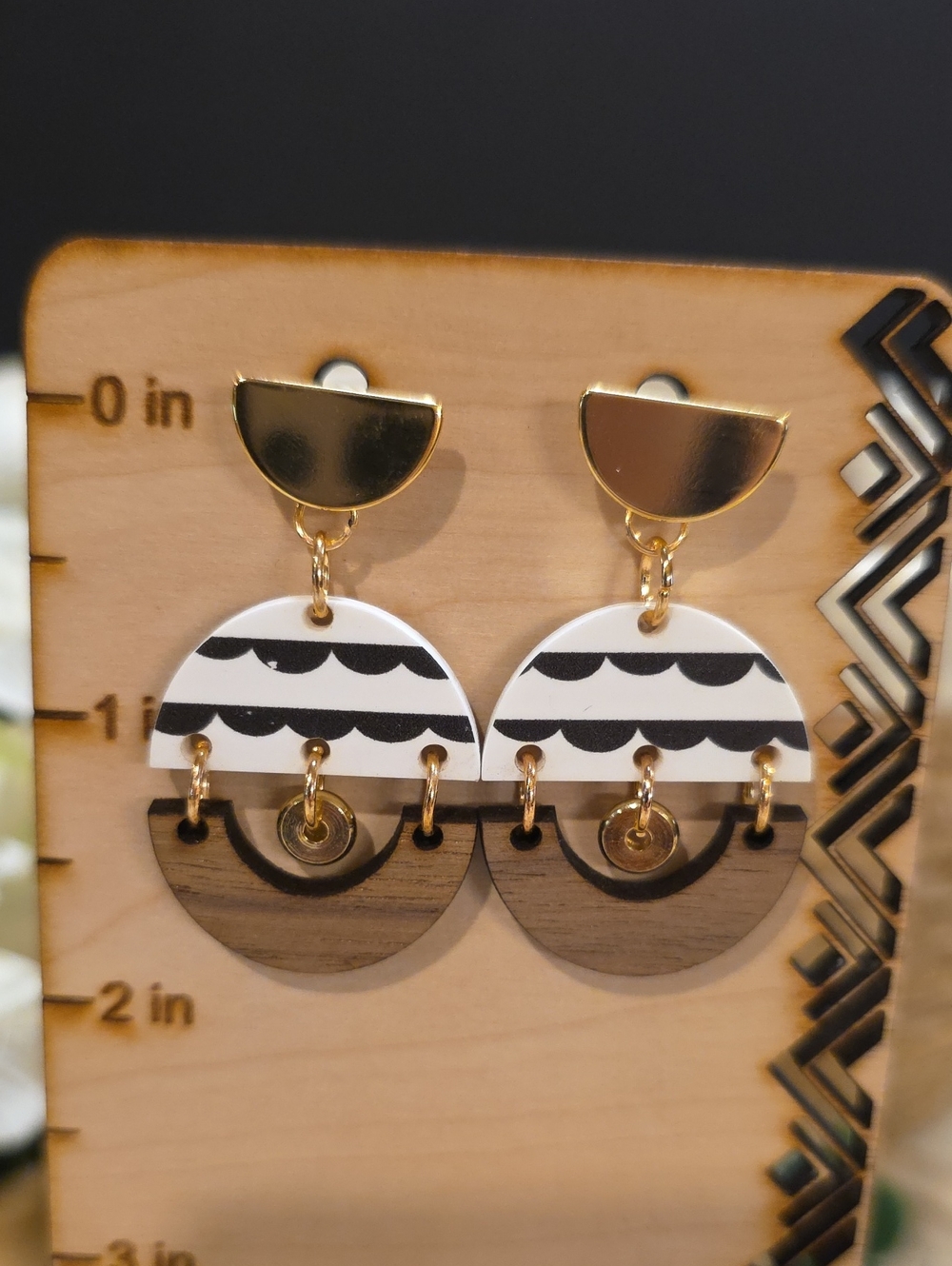 Gold, Black & Wood Semi-Circle Drop Earrings - Modern Geometric Design Statement